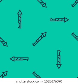 Blue line Firework rocket icon isolated seamless pattern on green background. Concept of fun party. Explosive pyrotechnic symbol.  Vector Illustration