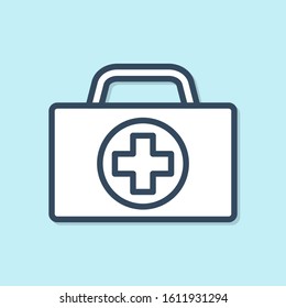 Blue line First aid kit icon isolated on blue background. Medical box with cross. Medical equipment for emergency. Healthcare concept.  Vector Illustration