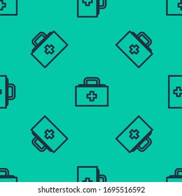 Blue line First aid kit icon isolated seamless pattern on green background. Medical box with cross. Medical equipment for emergency. Healthcare concept.  Vector Illustration