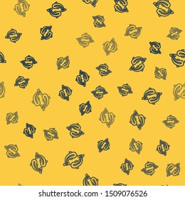 Blue line Fish icon isolated seamless pattern on yellow background.  Vector Illustration