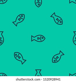 Blue line Fish icon isolated seamless pattern on green background.  Vector Illustration