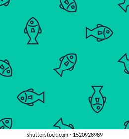 Blue line Fish icon isolated seamless pattern on green background.  Vector Illustration