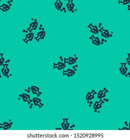 Blue line Fish icon isolated seamless pattern on green background.  Vector Illustration