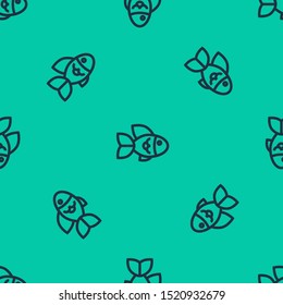 Blue line Fish icon isolated seamless pattern on green background.  Vector Illustration