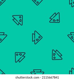 Icono de la línea azul Pescado aislado patrón sin fisuras sobre fondo verde.  Vector