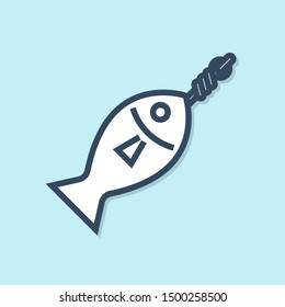 Blue line Fish on hook icon isolated on blue background.  Vector Illustration