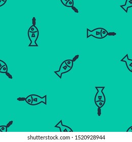 Blue line Fish on hook icon isolated seamless pattern on green background.  Vector Illustration
