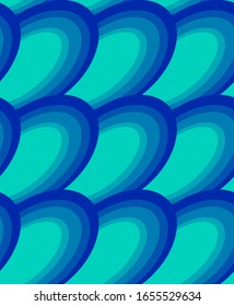 Blue line fish scale seamless pattern for bath tile, phone case, wrap paper, wallpaper, book cover, bed linen. T-shirt, bag or hoody print. Overlay element bird feathers. Stock vector illustraton