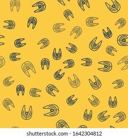 Blue line Fish steak icon isolated seamless pattern on yellow background.  Vector Illustration