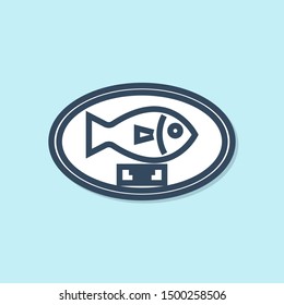 Blue line Fish trophy hanging on the board icon isolated on blue background. Fishing trophy on wall.  Vector Illustration