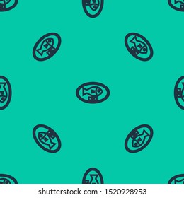 Blue line Fish trophy hanging on the board icon isolated seamless pattern on green background. Fishing trophy on wall.  Vector Illustration