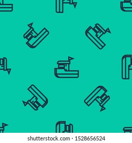 Blue line Fishing boat icon isolated seamless pattern on green background.  Vector Illustration
