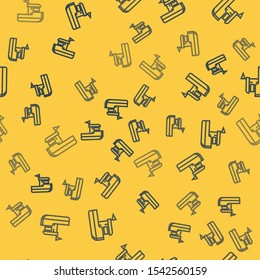 Blue line Fishing boat icon isolated seamless pattern on yellow background.  Vector Illustration