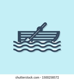 Blue line Fishing boat with oars on water icon isolated on blue background.  Vector Illustration