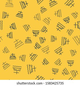 Blue line Fishing boat on water icon isolated seamless pattern on yellow background.  Vector Illustration