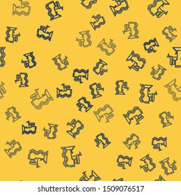 Blue line Fishing boat with fishing rod on water icon isolated seamless pattern on yellow background.  Vector Illustration