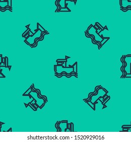 Blue line Fishing boat with fishing rod on water icon isolated seamless pattern on green background.  Vector Illustration