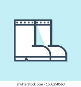 Blue line Fishing boots icon isolated on blue background. Waterproof rubber boot. Gumboots for rainy weather, fishing, hunter, gardening.  Vector Illustration