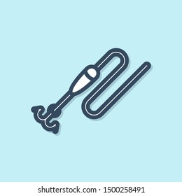 Blue line Fishing line with hook and float icon isolated on blue background. Fishing tackle.  Vector Illustration