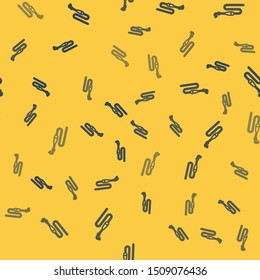 Blue line Fishing line with hook and float icon isolated seamless pattern on yellow background. Fishing tackle.  Vector Illustration