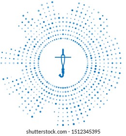 Blue line Fishing hook and float icon isolated on white background. Fishing tackle. Abstract circle random dots. Vector Illustration