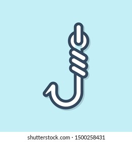 Blue line Fishing hook icon isolated on blue background. Fishing tackle.  Vector Illustration