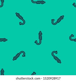 Blue line Fishing hook icon isolated seamless pattern on green background. Fishing tackle.  Vector Illustration