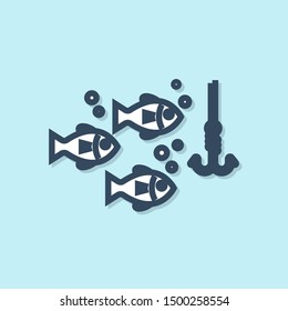 Blue line Fishing hook under water with fish icon isolated on blue background. Fishing tackle.  Vector Illustration