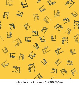 Blue line Fishing hook under water with fish icon isolated seamless pattern on yellow background. Fishing tackle.  Vector Illustration
