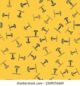 Blue line Fishing hook under water icon isolated seamless pattern on yellow background. Fishing tackle.  Vector Illustration