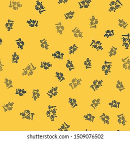 Blue line Fishing hook under water with fish icon isolated seamless pattern on yellow background. Fishing tackle.  Vector Illustration