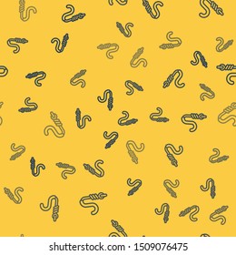Blue line Fishing hook and worm icon isolated seamless pattern on yellow background. Fishing tackle.  Vector Illustration