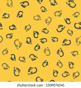 Blue line Fishing rod and fish icon isolated seamless pattern on yellow background. Catch a big fish. Fishing equipment and fish farming topics.  Vector Illustration