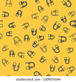 Blue line Fishing rod and fish icon isolated seamless pattern on yellow background. Put fish into a bucket. Fishing equipment and fish farming topics.  Vector Illustrationn