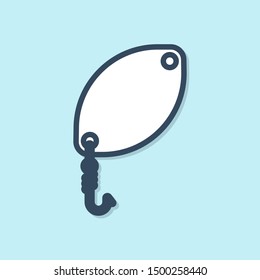 Blue line Fishing spoon icon isolated on blue background. Fishing baits in shape of fish. Fishing tackle.  Vector Illustration