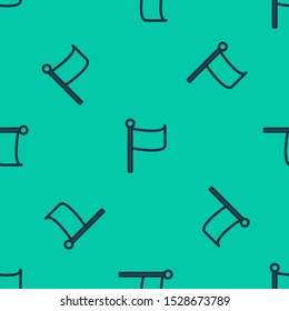 Blue line Flag icon isolated seamless pattern on green background. Location marker symbol.  Vector Illustration
