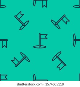 Blue line Flag icon isolated seamless pattern on green background. Location marker symbol.  Vector Illustration