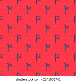 Blue line Flag icon isolated seamless pattern on red background. Location marker symbol.  Vector Illustration