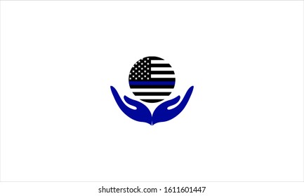 Blue line flag in round shape with caring hands in flat vector logo design