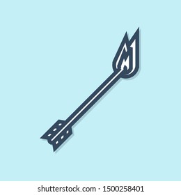Blue line Flame arrow icon isolated on blue background. Hipster arrow icon.  Vector Illustration