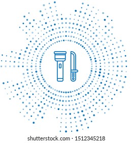 Blue line Flashlight and knife icon isolated on white background. Abstract circle random dots. Vector Illustration