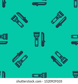 Blue line Flashlight and knife icon isolated seamless pattern on green background.  Vector Illustration