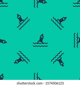 Blue line Floating buoy on the sea icon isolated seamless pattern on green background.  Vector Illustration