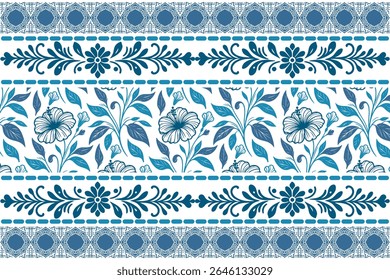 blue line floral border featuring ornamental hand sketched flowers and subtle leaf motifs for contemporary patterns

