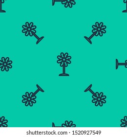 Blue line Flower icon isolated seamless pattern on green background. Sweet natural food.  Vector Illustration