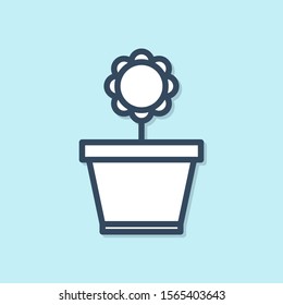 Blue line Flower in pot icon isolated on blue background. Plant growing in a pot. Potted plant sign.  Vector Illustration