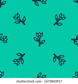 Blue line Flower tulip icon isolated seamless pattern on green background.  Vector Illustration
