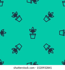 Blue line Flowers in pot icon isolated seamless pattern on green background. Plant growing in a pot. Potted plant sign.  Vector Illustration