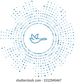 Blue line Flying duck icon isolated on white background. Abstract circle random dots. Vector Illustration