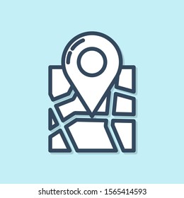 Blue line Folded map with location marker icon isolated on blue background.  Vector Illustration